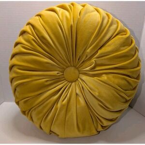 Round Velvet Throw Pillow Yellow Gold Mustard Tufted Pleated Cushion Luxury
